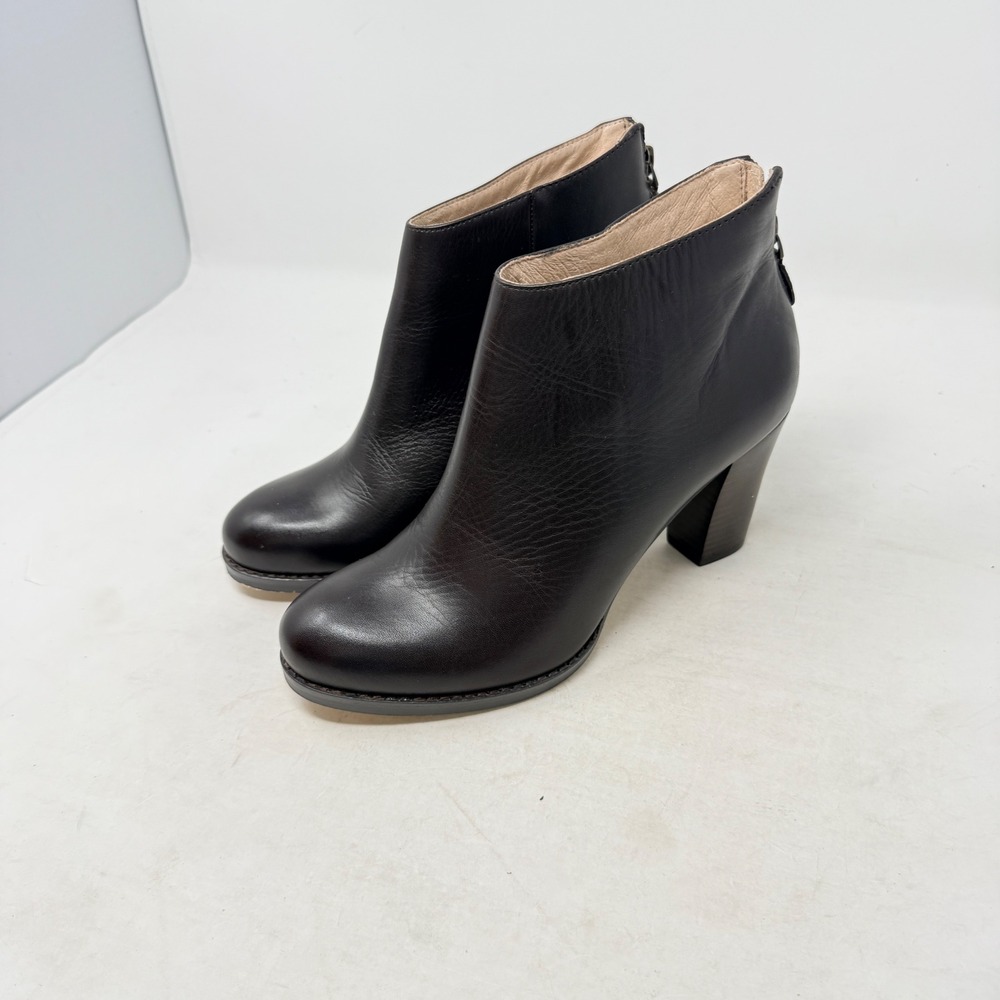 Lands End Ankle Boots Dark Brown 6.5 Leather Block Heel Back Zip Chic Timeless